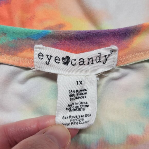 Eye Candy 1X Orange Green Bright Colorful Tie Dye Square Neck Shortsleeve Tee - Picture 8 of 9